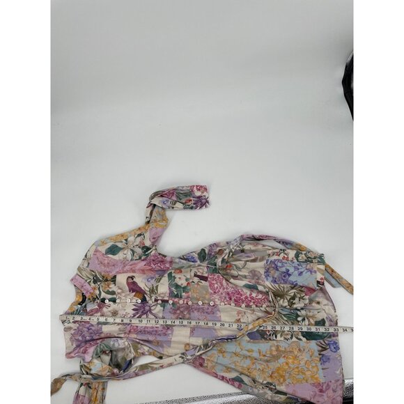 Zara Womens Medium Belted Floral Parrot Linen Dress Cottagecore Patchwork Garden - Picture 8 of 8